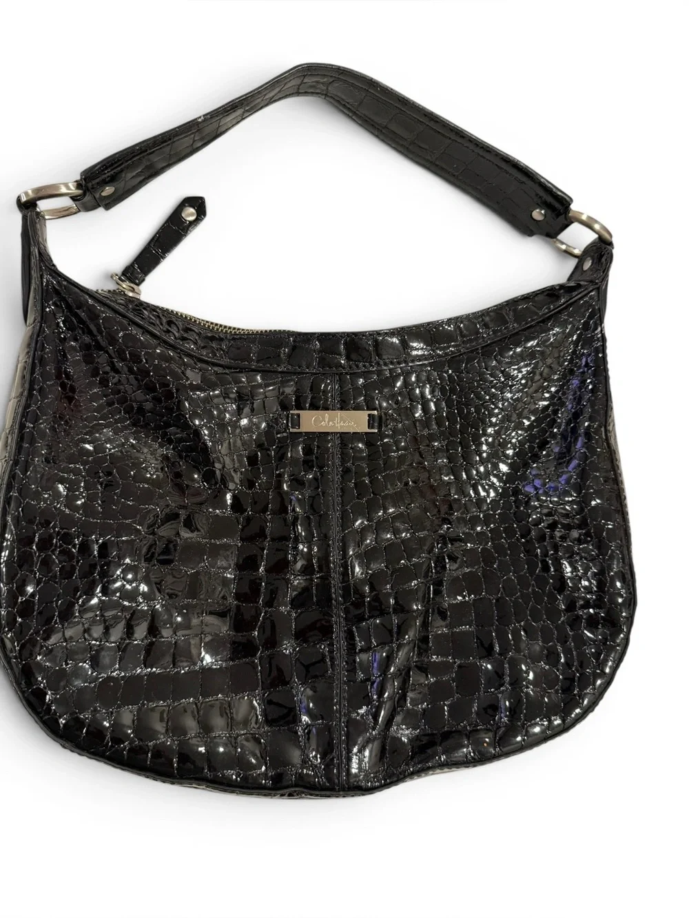 Beautiful Cole Haan Black Patent Leather Crocodile Embossed Hobo Shoulder Bag